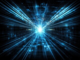 Fototapeta premium A burst of blue light radiates outward, creating a dynamic and futuristic visual effect reminiscent of digital energy and high-speed movement.