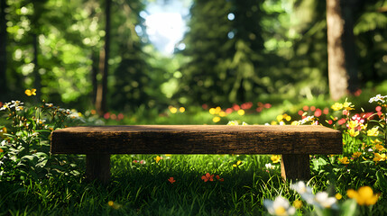Naklejka premium Wooden Bench Surrounded By Wildflowers in a Lush Green Forest with Sunlight