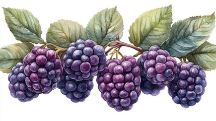 Fototapeta premium Watercolor Painting of Fresh Blackberries with Green Leaves. Generative AI