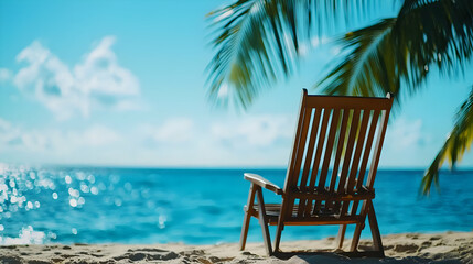 Wooden Deck Chair Under Palm Tree on Sandy Beach with Turquoise Water and Sky in Bright Sunlight