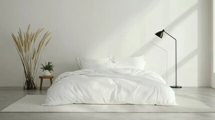 A minimalist bedroom setup with a bedside lamp and a small plant, promoting a distraction-free space