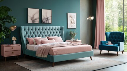 A modern and romantic bedroom with pink and blue-toned furniture, promoting balance