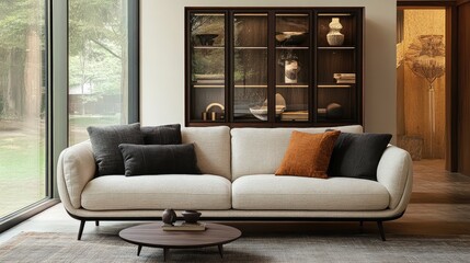 A modern farmhouse-style living room with a comfortable sofa and a wooden display cabinet