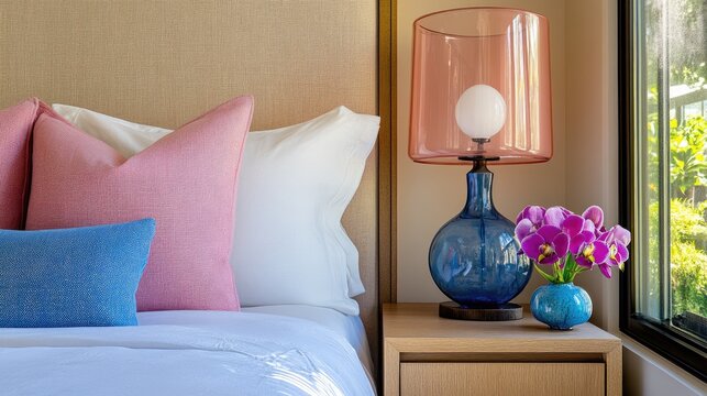 A modern nightstand with a pink table lamp and a blue vase, enhancing harmony in the space - Powered by Adobe