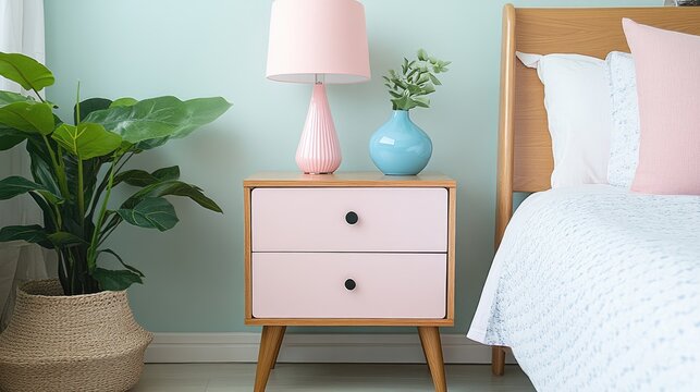 A modern nightstand with a pink table lamp and a blue vase, enhancing harmony in the space - Powered by Adobe