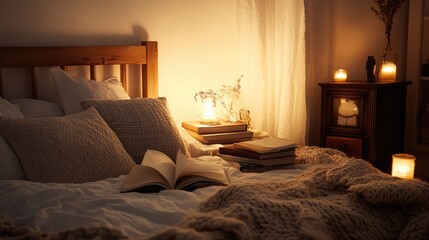A peaceful and minimalist bedroom featuring books, soft textures, and warm lighting