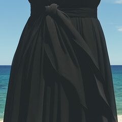 Naklejka premium Flowing Black Dress by the Ocean Waves Creating a Sense of Serenity and Sophistication