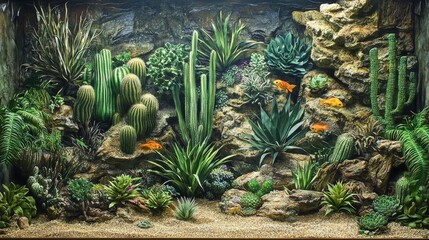 Vibrant Aquascape with Cacti, Succulents, and Goldfish in Natural Rock Formation, Lush Greenery Accentuated by Aquatic Life