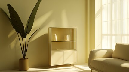 A peaceful living area with a comfortable sofa, a minimalist display cabinet, and soft natural light