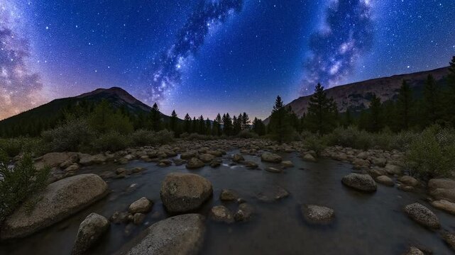 Milky way arc over mountain river in the middle of the forest on a long exposure - 360 loop video