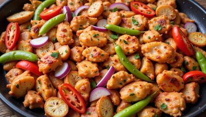 Colorful chicken fajitas with fresh veggies on black plate, vibrant flavors