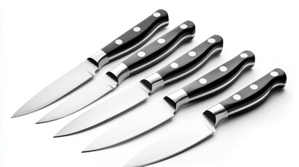 Obraz premium A precise collection of five sleek steel kitchen knives is beautifully aligned against a minimalistic backdrop, showcasing their elegant design and functionality for culinary enthusiasts