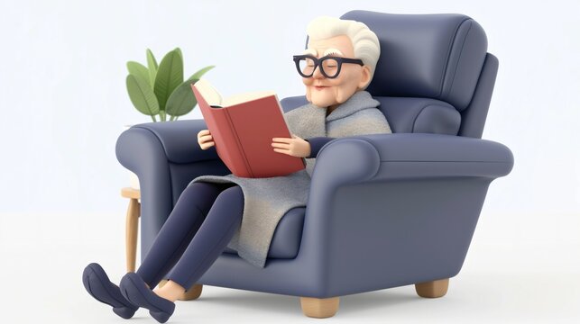 An elderly woman, about 70 years old, sits comfortably in a cozy armchair, wearing glasses and a warm shawl, completely absorbed in her book with a relaxed demeanor