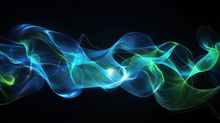 Fototapeta premium Abstract glowing waves of light in turquoise and lime green on a black background.