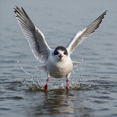 A little gull playfully hopping with wings slightly lifted, isolated on white.
