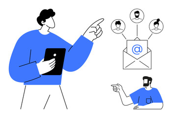 Two individuals gesture with tablet and pointing actions, linked to an envelope showing symbol connected to multiple recipient icons. Ideal for teamwork, digital communication, networking, email
