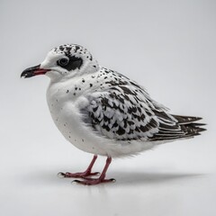 A little gull with speckled feathers, captured in exquisite detail, white background.