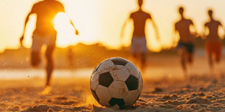 Beach Soccer Game at Sunset with Players Running in Background