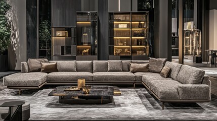 A stylish and contemporary living room with a sectional sofa and a glass display case