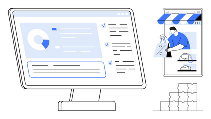 Computer screen displaying analytical data, mobile showing in-store shopping, stacked boxes. Ideal for retail, e-commerce, data management, logistics, customer service, mobile integration user
