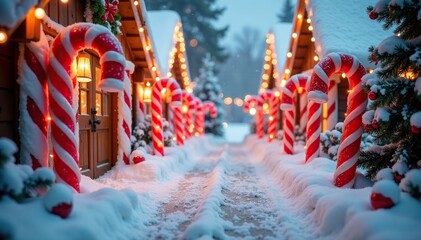 Icy candy canes adorn a Gingerbread Lane entrance, holiday season, , icing