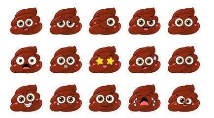 Fototapeta premium Collection of Cute funny poop and toilet paper characters with different mood. Set of cartoon poo emoji faces in different expressions - happy, sad, cry, fear, crazy. Vector illustration EPS8