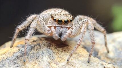 Close-up of a jumping spider with light beige and brown coloration on a rock.