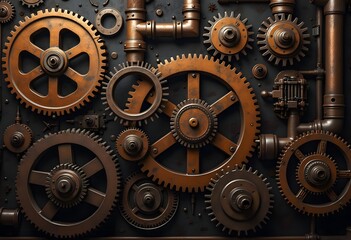 Steampunk texture, background with mechanical parts, gear wheels, steam punk cogwheels, heap of auto parts, old rusty iron chains, springs, wheels, close up

