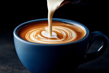 Close-up of hands pouring milk into cup of coffee, with foam forming on top