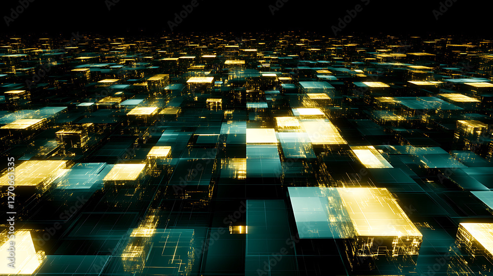 Poster futuristic abstract grid of glowing blocks and rectangles in perspective with dark background design