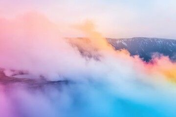 Fototapeta premium Vibrant Rainbow Colored Cloud Floating Gracefully in a Bright Blue Sky Creating a Dreamy and Ethereal Atmosphere Full of Wonder and Imagination