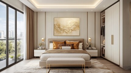 A stylish master bedroom featuring abstract gold art, representing fortune and success