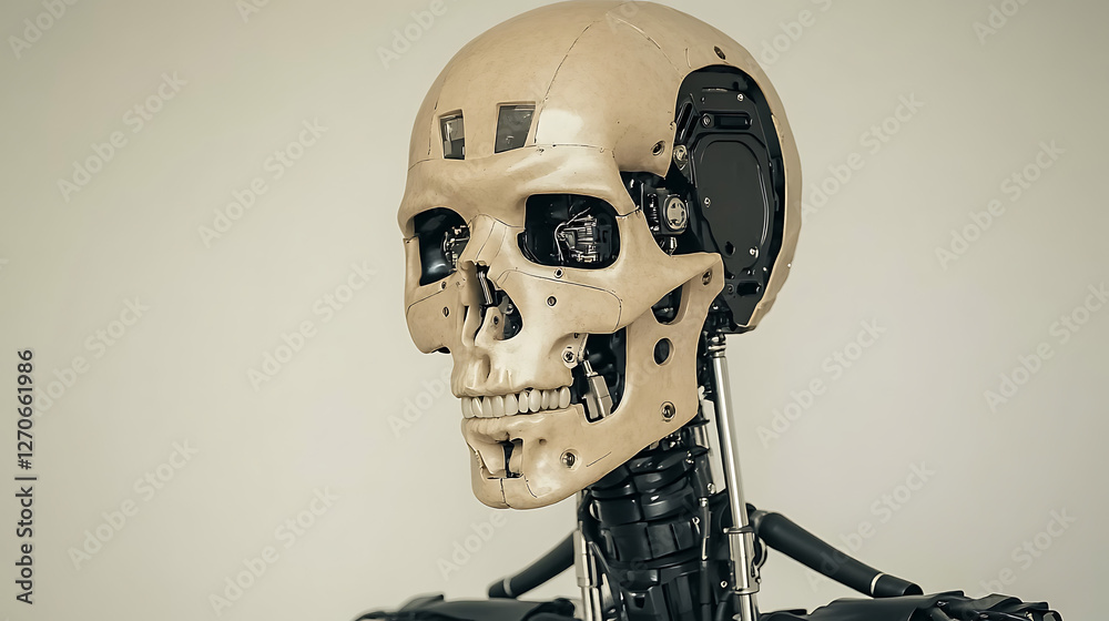 Poster futuristic android head displaying complex mechanical components in skull structure concept art