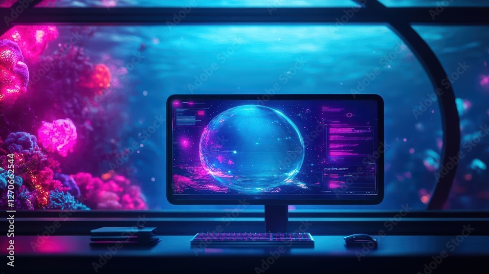 Poster futuristic desktop computer design showcasing an innovative user interface with bright colors and sl