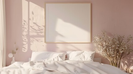 Bedroom interior mockup template clean and clear room with empty poster frame on bed headboard background for bedroom interior design