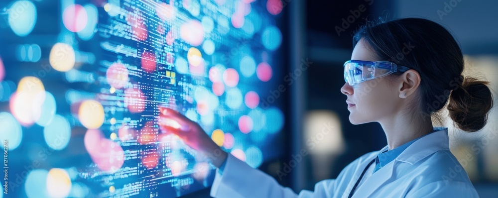 Poster a scientist interacts with a colorful, data-driven screen, showcasing advanced technology and resear
