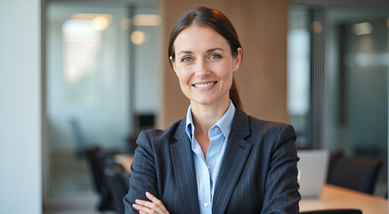 Portrait of a professional woman in a suit standing in a modern office.Business woman looking at the camera in a workplace meeting area.