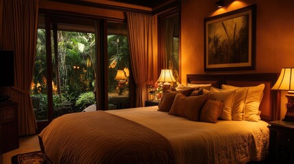 A warm and inviting bedroom with fluffy pillows and a serene, screen-free environment