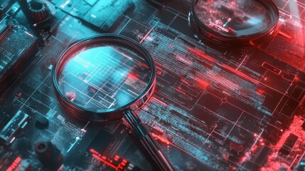 Magnifying glass over circuit board with digital code.