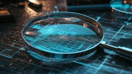 Magnifying glass focusing on digital circuit design.