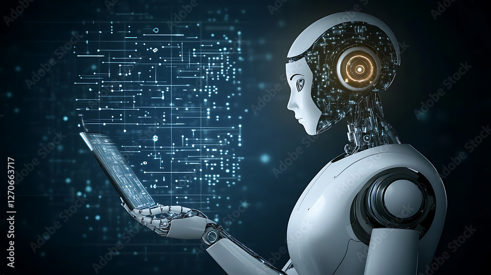 Poster futuristic artificial intelligence with advanced neural network tablet connection data transfer