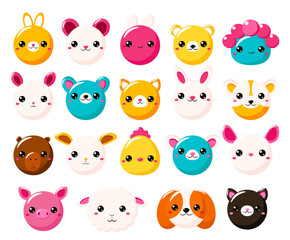 Set of stickers in kawaii style. Cute eye-catching tag, label with cute faces of kitty, dog, bunny, bear, mouse, emoji. Collection of trendy sticker with cartoon characters. Vector illustration EPS8
