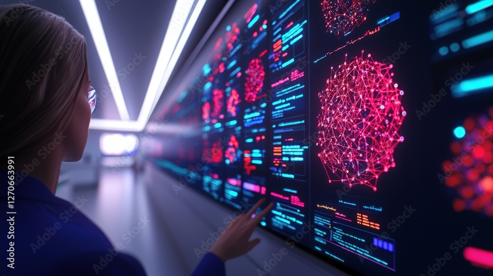 Poster a person interacts with a high-tech display featuring colorful data visualizations and scientific in