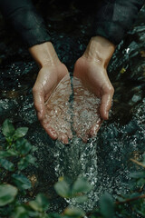 Fototapeta premium Hands gently cupping water from a flowing stream in a natural setting, highlighting the beauty of sustainability and connection to nature. Vertical photograph. Copy space