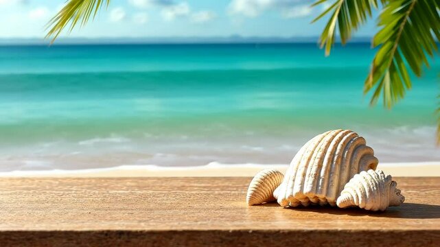 4k frame of seashells lying on a table with the sea in the background