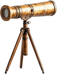 Antique telescope on wooden tripod, isolated view