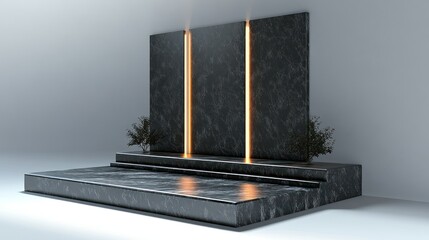 Elegance in Stone: A minimalist stage setting of dark stone, illuminated by vertical streaks of warm light, offers a striking display platform with decorative flora.
