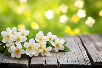 Fototapeta premium Spring blossoms on rustic wood, garden bokeh