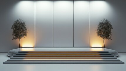 Modern Stage Design: An empty stage illuminated by spotlights and features minimalist elements, creating a sense of anticipation for a presentation or performance.