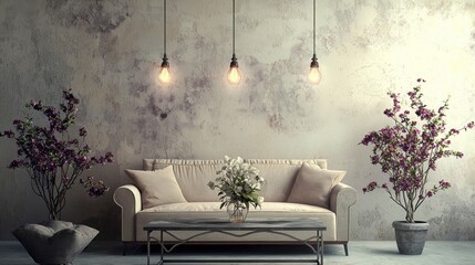 Serene Living Room with Vintage Charm and Blooming Plants